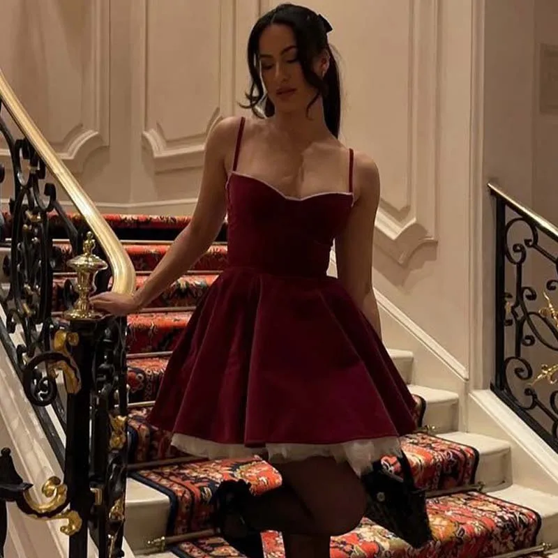 

YENKYE Romantic Women White Lace Trim Wine Red Sling Dress Sexy Elegant Christmas Party Mini Dresses Velvet Robe Pretty Clothes