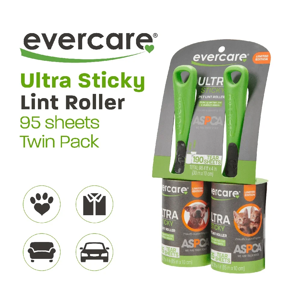 Twin Pack 95 Layer Lint Rollers Pet Hair Lint Fuzz Quick Clean Tear Sheets Ergonomic Handle Portable Cleaning Solution