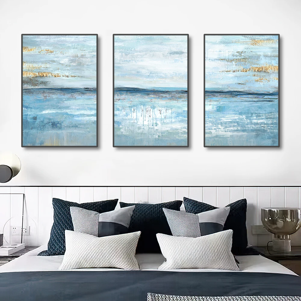 3PCS Frameless Posters Abstract Light Blue Gold Foil Canvas Painting Pictures Nordic Wall Art Print  For Living Room Home Decor