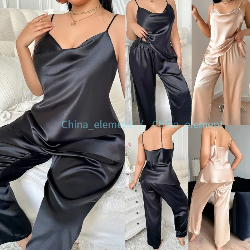 

Комплект летней пижамы больших размеров: сексуальный топ на бретельках и шорты, атласный комплект для сна, домашняя одежда