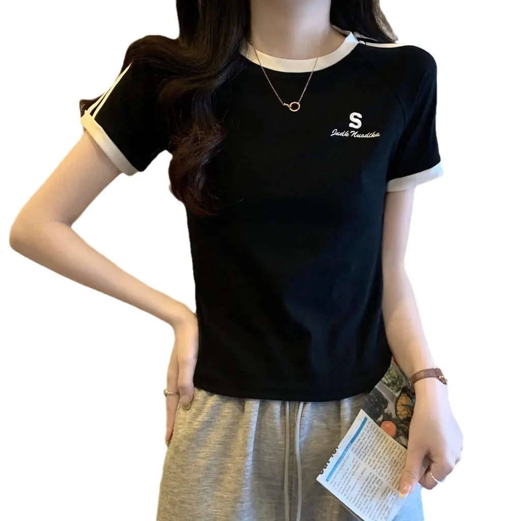 

Женская облегающая короткая футболка в американском стиле с полосками на плечах контрастного цвета, летний дизайн, топ для горячих девушек с короткими рукавами