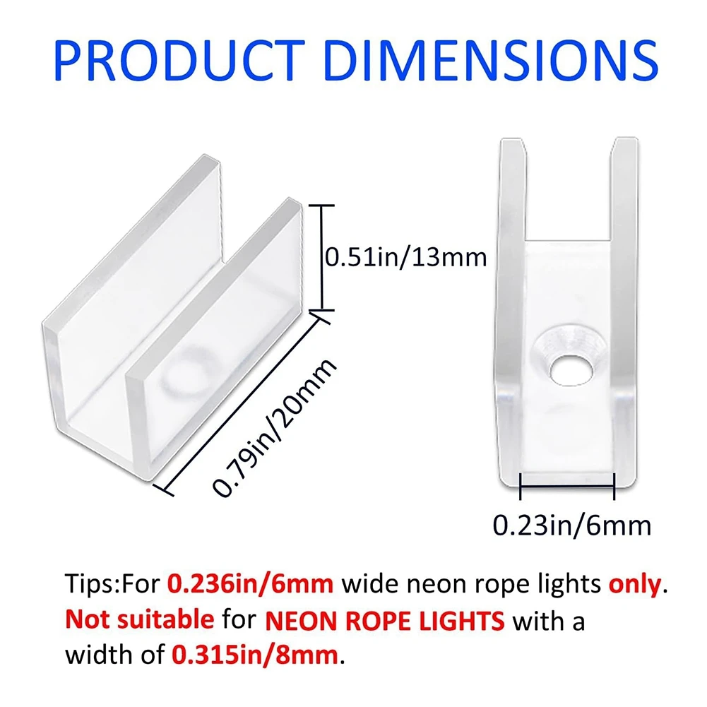 A44TNeon Rope Light Mounting Brackets, 100PCS Neon Lights Install Fixing Clips Accessories for 6x12mm LED Neon Flex Strip