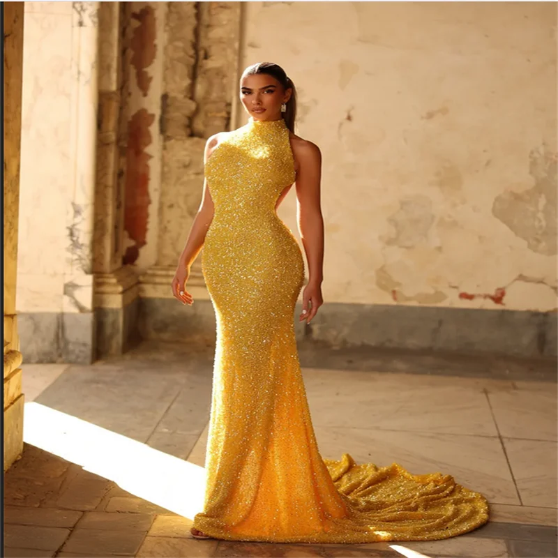 

Yellow Elegant Sequined High Neck Backless Sheath/Mermaid Evening Dresses Sweep Train Custom Made Sleeveless Prom Dresses