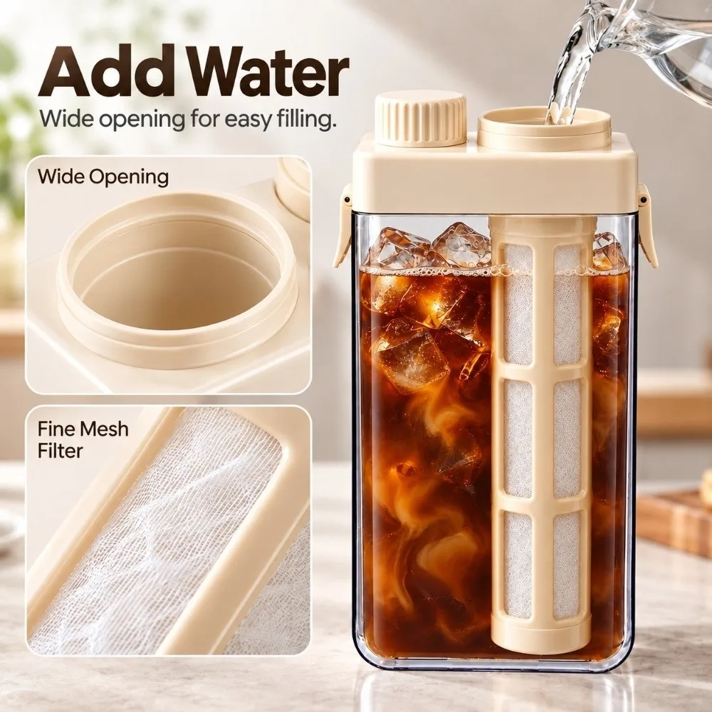 Double Silicone Seal Cold Brew Coffee Maker PP ABS AS Extended Fine Mesh Filter Coffee Filter Pitcher