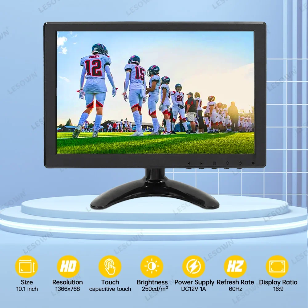 LESOWN 10.1 inch Industrial Monitor 1024x600 HD TN Screen 16:9 Capacitive Touch LCD Panel VGA HDMI AV BNC USB Interface Display