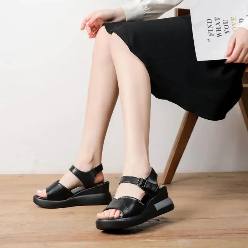 Summer Wedge Shoes For Women Sandals Solid Color Open Toe High Heels Casual Ladies Buckle Strap Fashion Female Sandalias