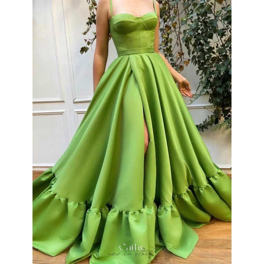 

Cathy Green Satin Wedding Dress Spaghetti Strap A-line فساتين سهرة Elegant Sleeveless Side High Split vestidos de fiesta 2024