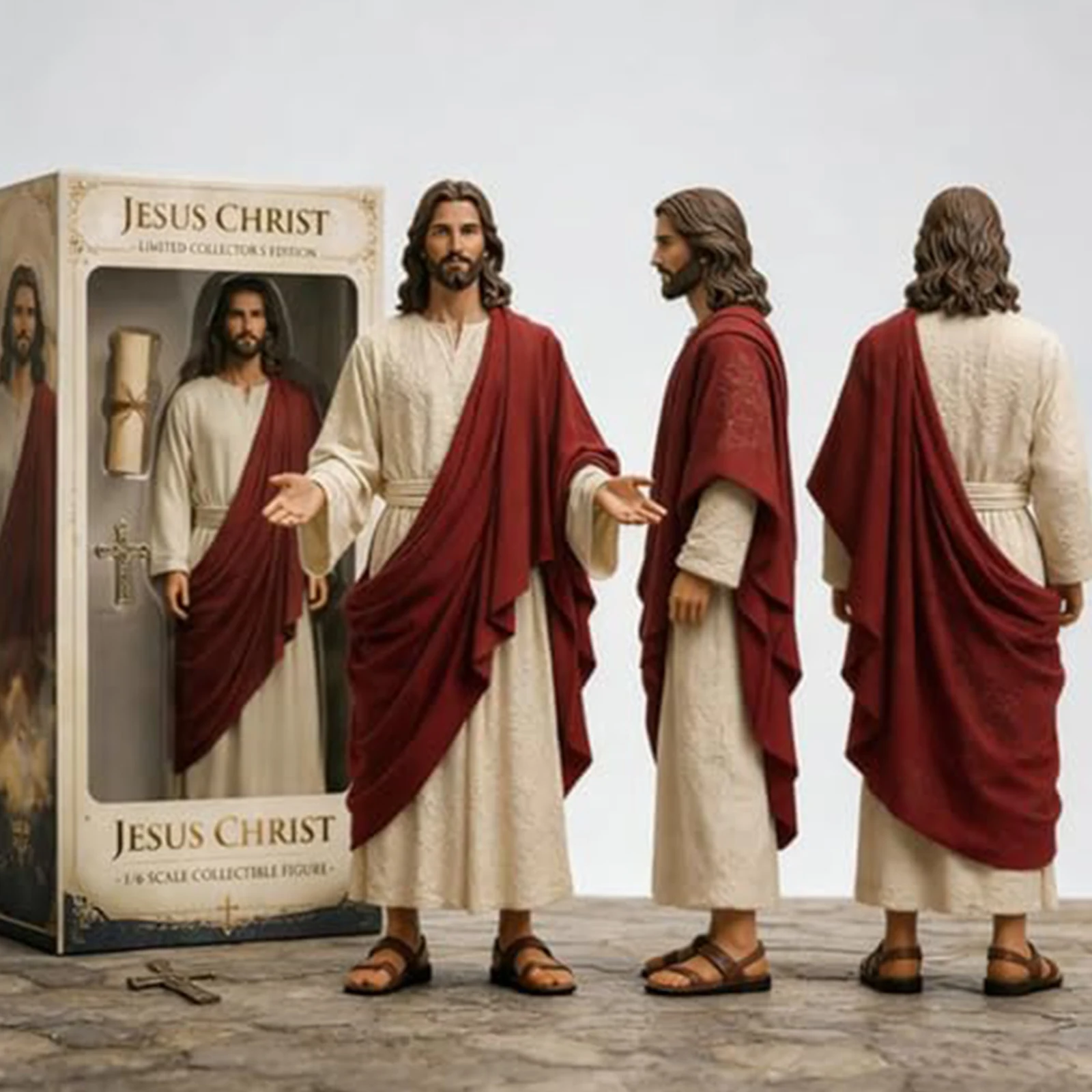 2D-Flachdesign einer Vintage-Jesus-Christus-Statue mit ausgestreckten Armen für religiöse Darstellungen, Weihnachtsfeiern und Cosplay. – Detail 7