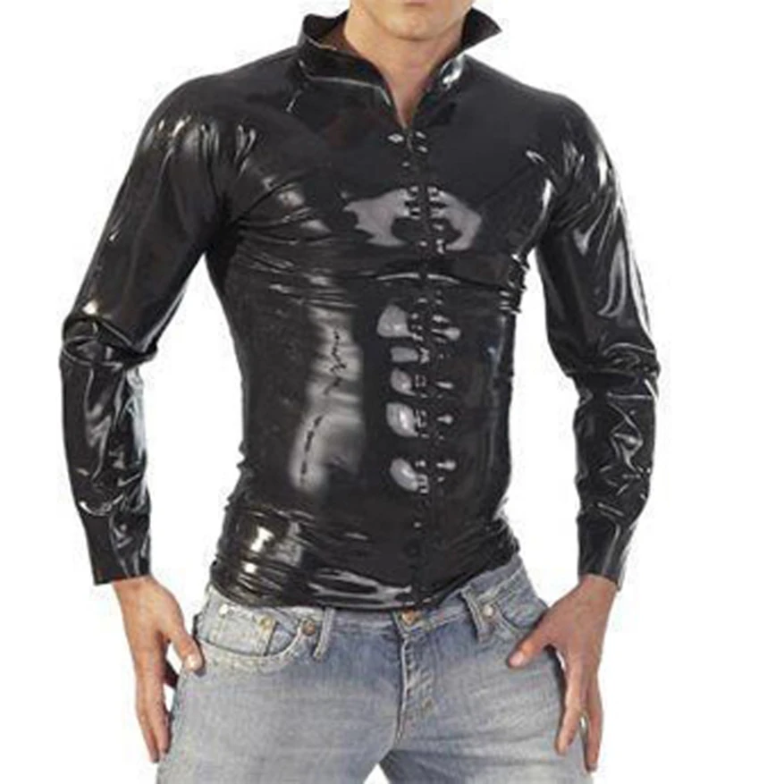 Solid Black Latex Men Top Shirt with Front Zip Rubber T-Shirt Plus Size XXXL Handmade Clothing S-LSM001