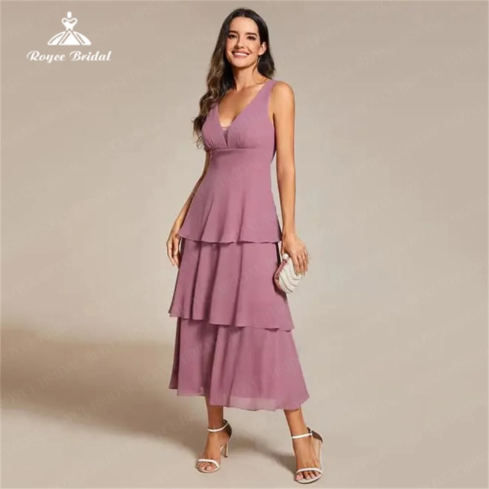 

Simple A Line Chiffon Bridesmaid Dresse V Neck Tiered Sleeveless Tea Length Customize Maid Of Honor Gown vestidos de festa