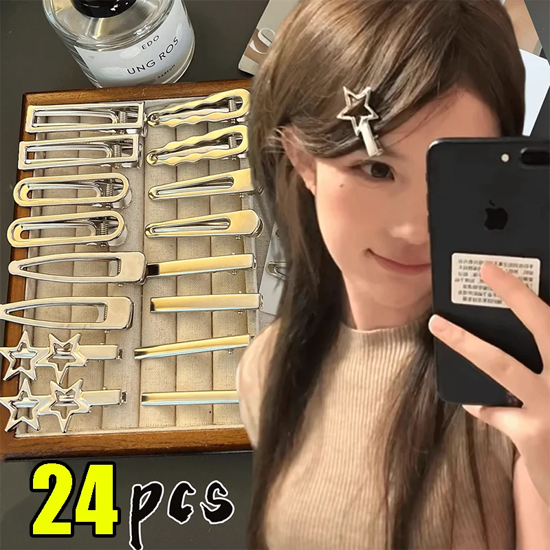 Y2K Silver Metal Hairpins Women Geometric Hairclip Star Duckbill Clip Side Bangs Barrette Girl Multiple Styling Hair Accessories