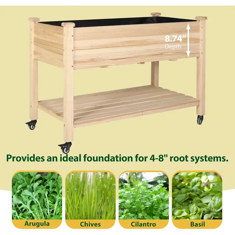 48x24x33in Raised Garden Bed Featuring Legs Outdoor Elevated Wood Planted Box Equipped with Wheels Shelf for Vegetable Flower