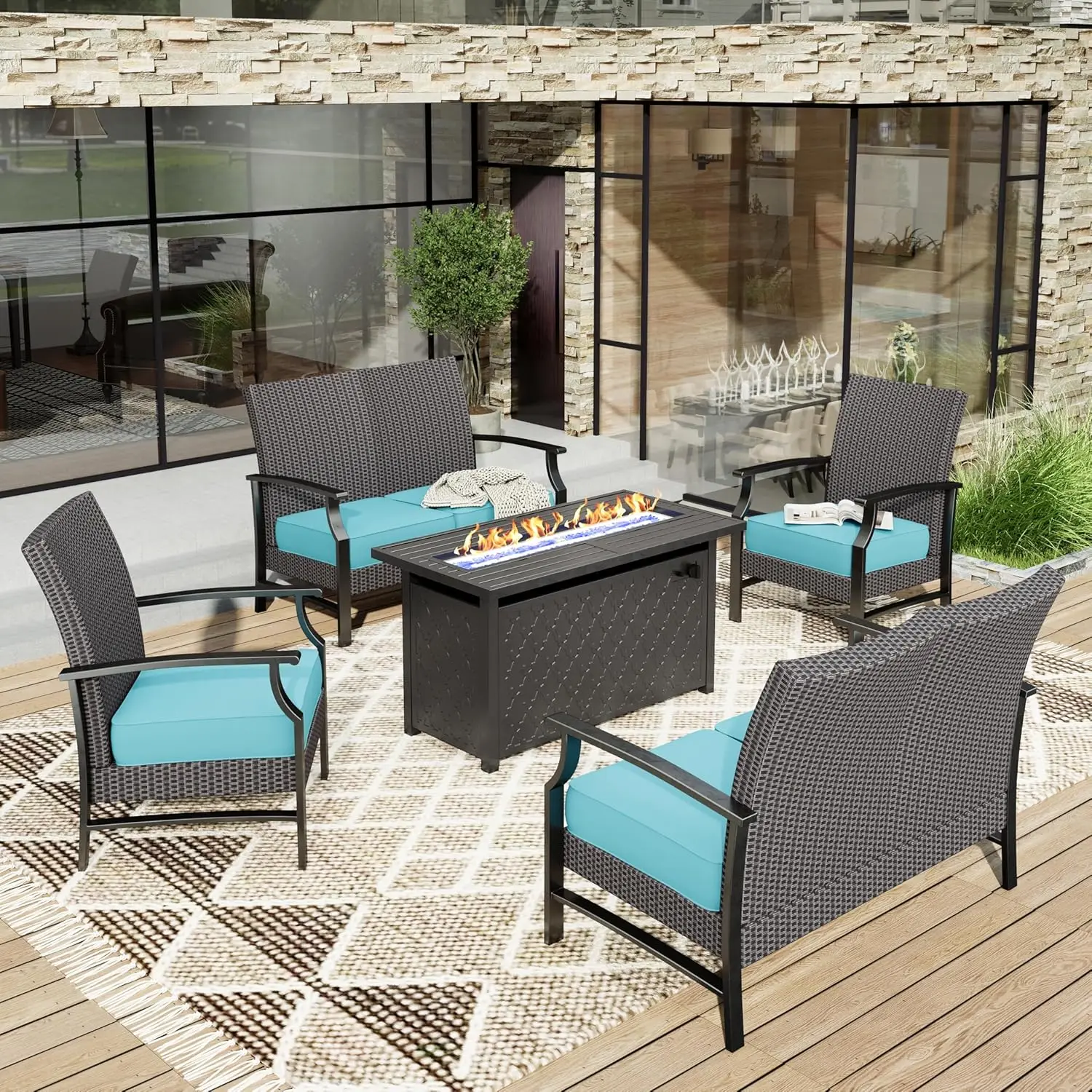 5 Pieces Fire Pit Patio Furniture Set, 2 x Wicker Chair, 45