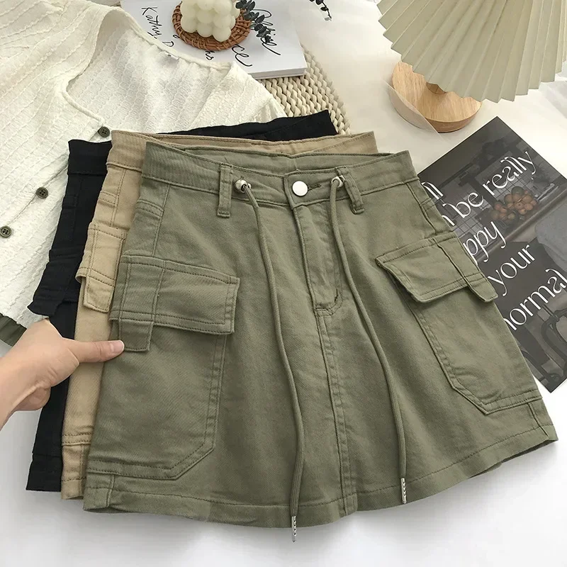 

Caofeimao Drawstring High Waist Mini Skirt Women Streetwear Big Pocket Cargo Skirt Woman Fashion 2023 Short A Line Skirts Mujer