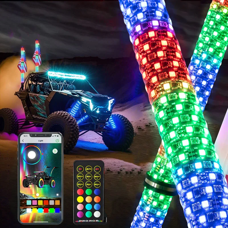 

2 шт., 2 фута, красочные спиральные светодиодные фонари, Bluetooth, пульт дистанционного управления, антенна на флагштоке, для UTV, ATV, бездорожья, грузовика, RZR