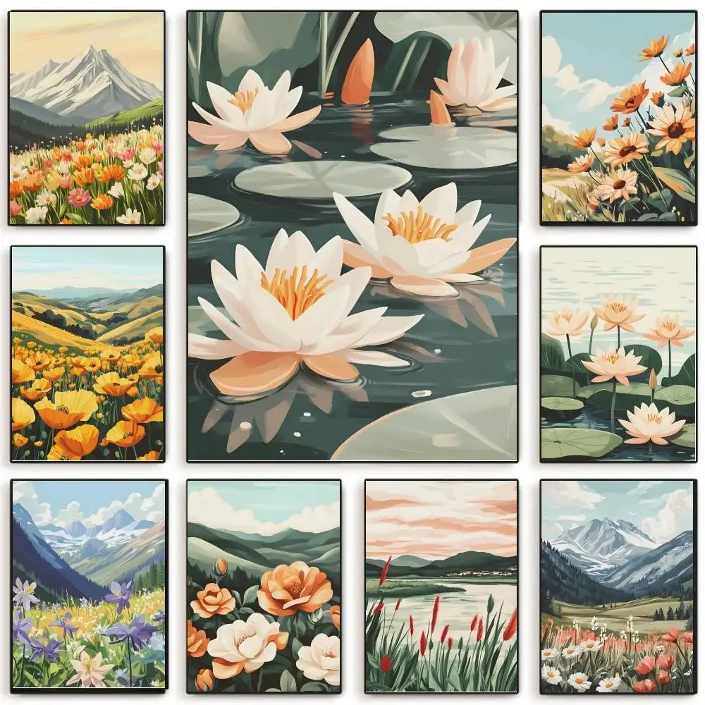Natural Scenery Snow Mountain Grassland Flower Poster Self-adhesive Art Room Entrance Restaurant Wall Decor Art Painting
