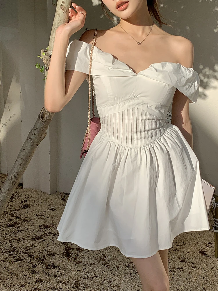 

French Style Elegant Slash Neck Women Mini Dresses Summer Sexy Backless High Waist Bubble Dress Ladies Fashion White Short Dress