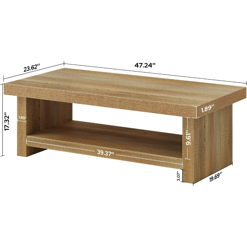 47-Inch Farmhouse Style Rectangular Coffee Table with Thick Base for Living Room and Low Cocktail Tea Serving
