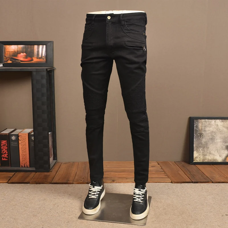 Street Fashion Männer Jeans schwarz Stretch Skinny Fit gespleißt Designer Biker Jeans Männer elastische Hip Hop Denim Bleistift hose Hombre