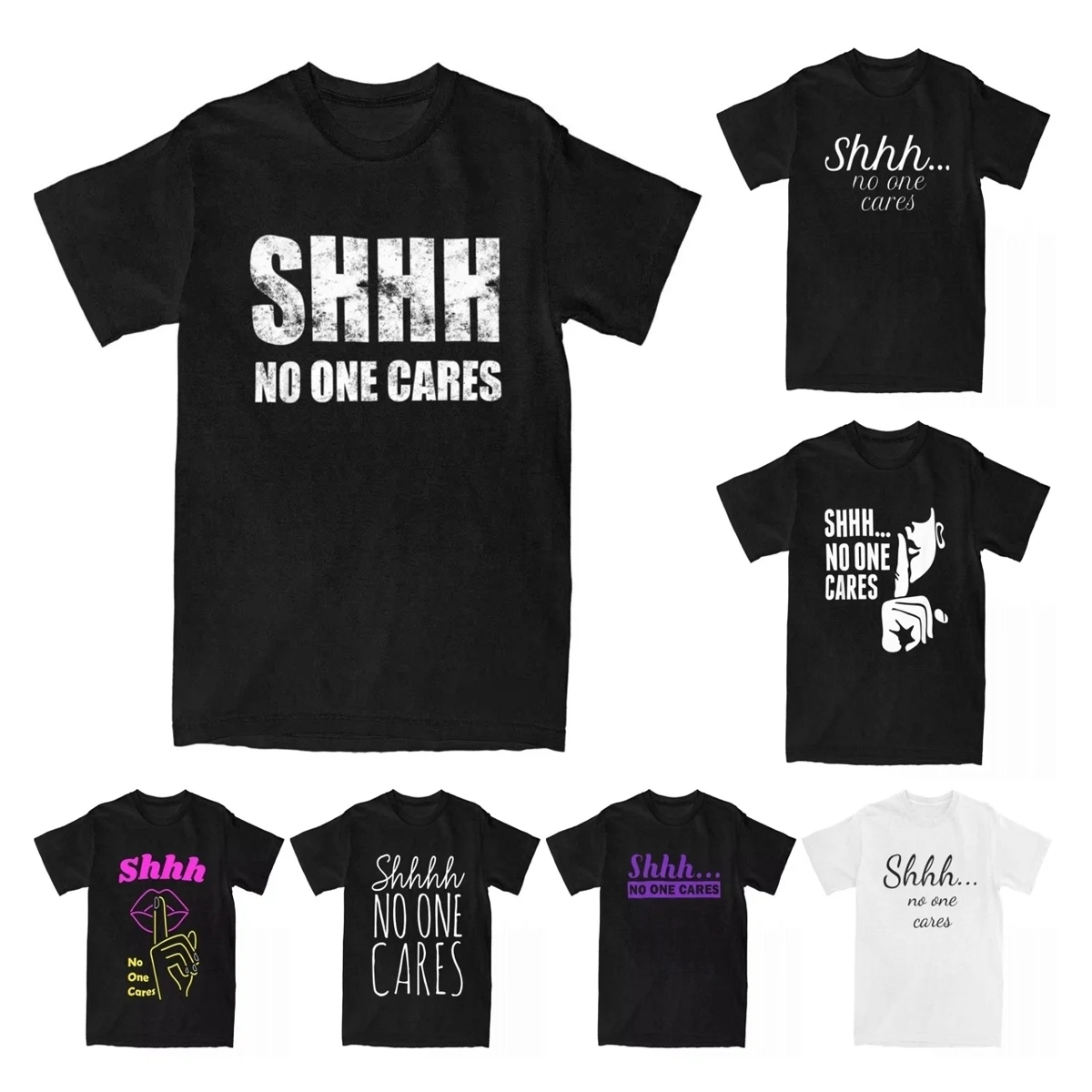 Shhh No One Cares Men T Shirts Vintage Retro Tees Humor Sarcastic Funny Saying Quotes T-Shirts 100% Cotton Plus Size Tops