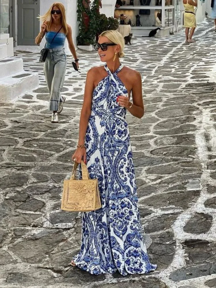 Mode tendance imprimer licou cou longues robes femmes Sexy dos nu sans manches vacances Style Maxi robe femme été nouvelles robes