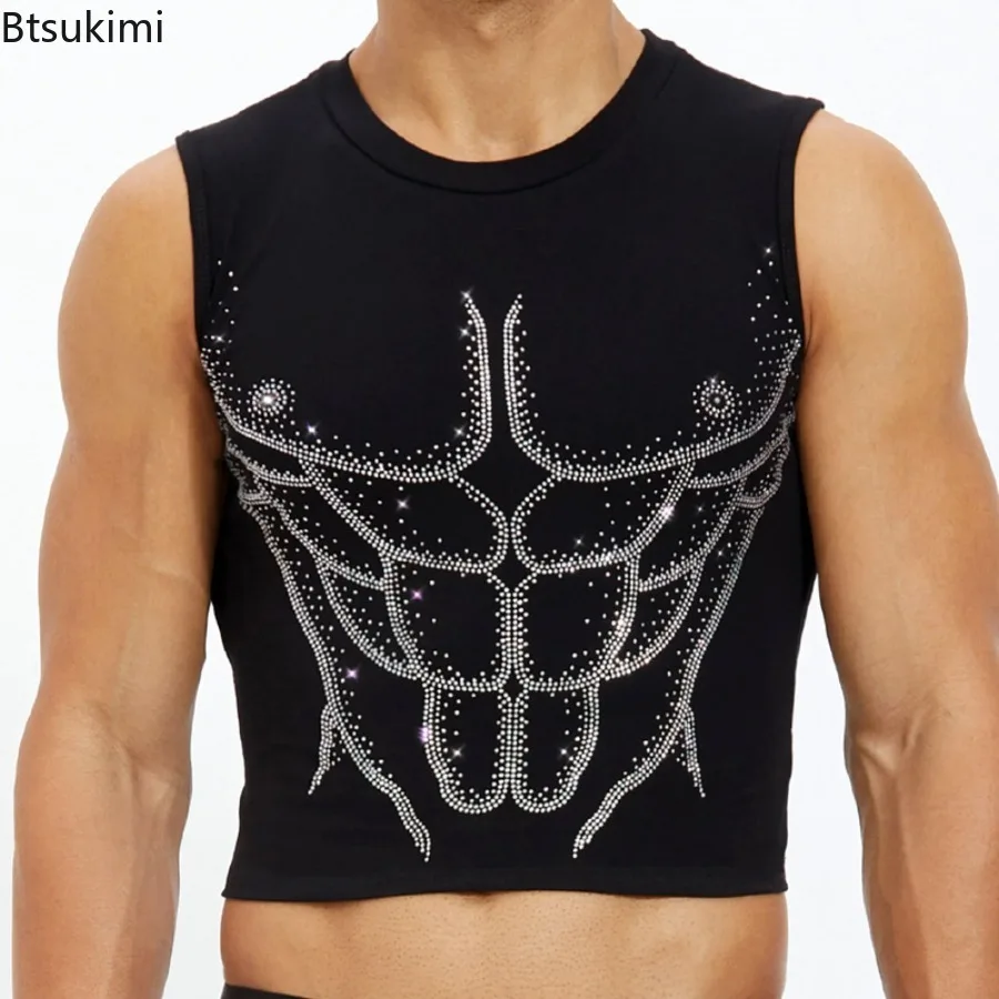 

2025 New Men's Fashion Tank Tops Elastic Slim Fit Crop Tops Sexy Streetwear Sleeveless O-neck T-shirts Casual Fitness Tees Male