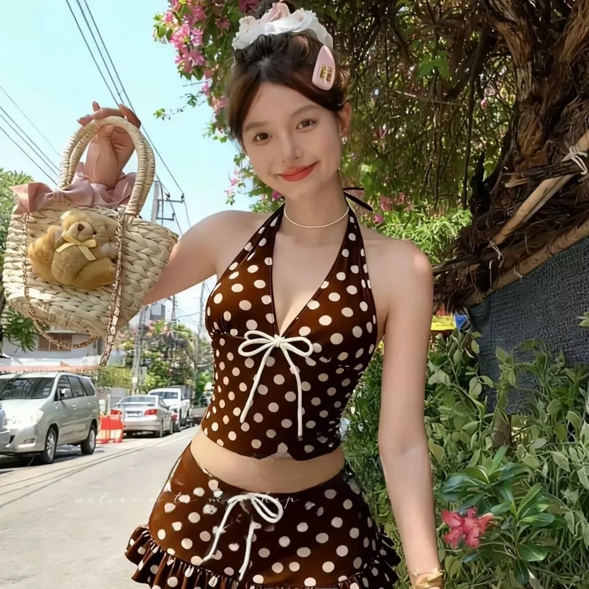 Women's Bikini Swimsuit Halter Neck Polka Dot Two-Piece Skirt Style Three-Piece Set Gathered Slimming Beach Vacation Thermal - Image 2