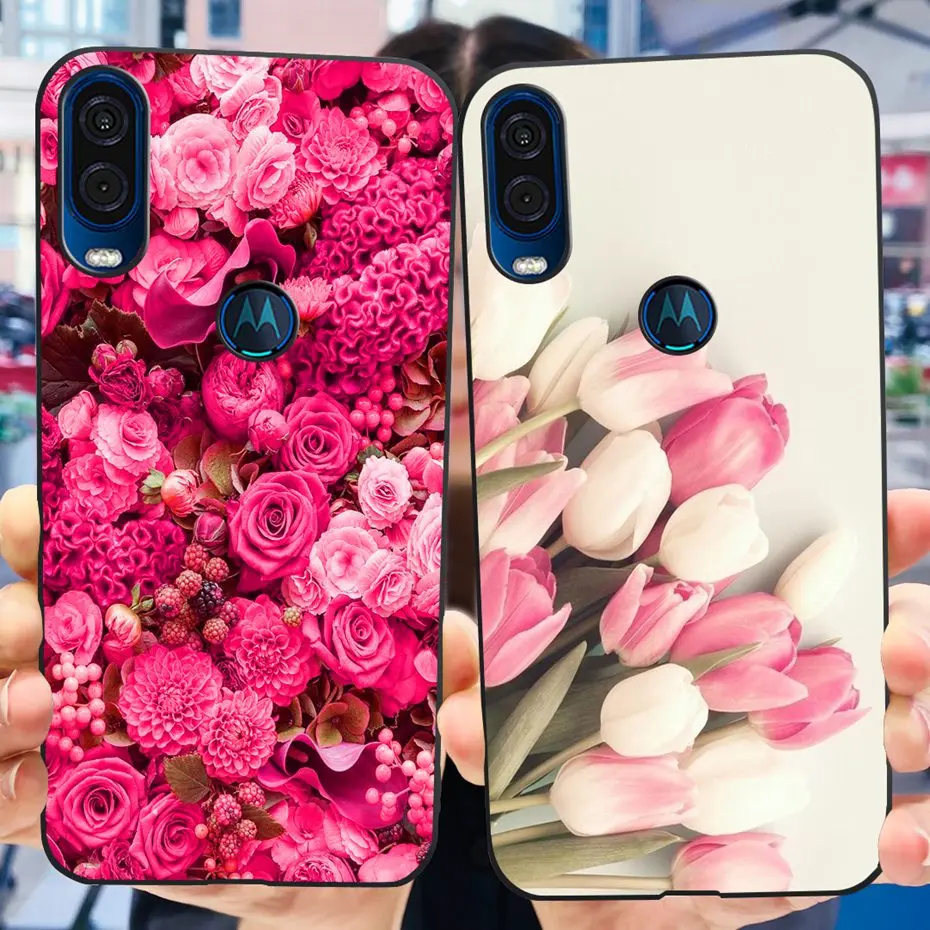 For Motorola Moto One Vision Phone Case Cute Flower Cat Painted Soft Silicone Cover For Motoroal Moto One Macro MOTO One 5G
