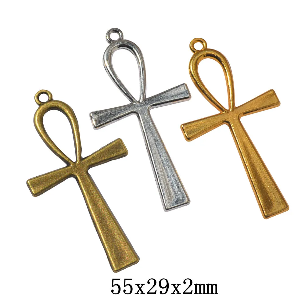 5Pcs Charms Cross Egyptian Ankh Life Symbol 55x29mm Tibetan Bronze Silver Color Pendants Antique Gold Making DIY Handmade Craft