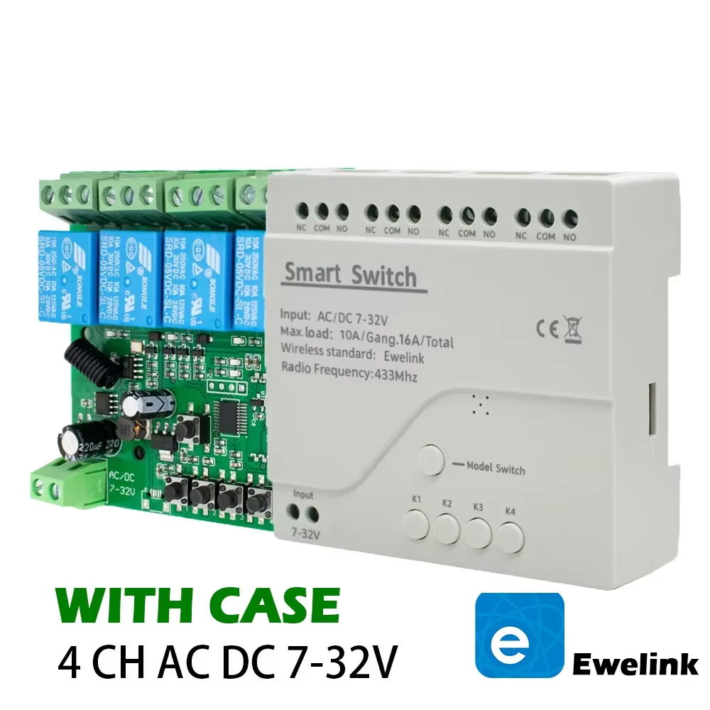 

eWeLink 4CH WiFi Smart Relay 12V 24V 220V 230V Dry Contacts Motor Light Lamp Switch Garage Door for Alexa/Google Home Automation