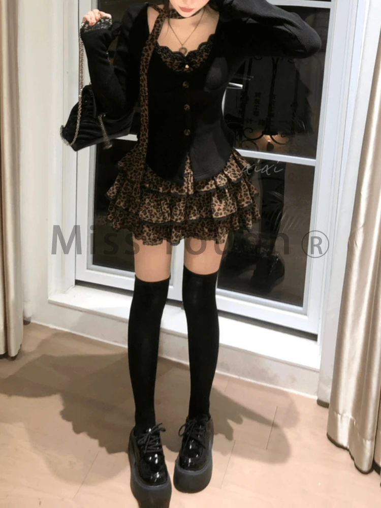 Haut en dentelle imbibée et jupe plissée taille haute pour femme, style Harajuku, mode coréenne, doux, rue haute, sexy, hiver, nouveau, Y2K, ensemble 2 pièces