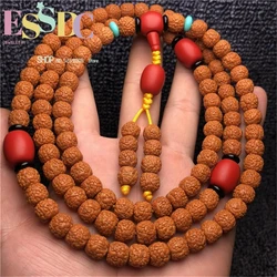 Dropship 108 Natural Dragon Scale Rudraksha Bracelet 5-petal Bucket Bead Bodhi Seed 7*9mm Original Cinnabar 108 Mala Prayer