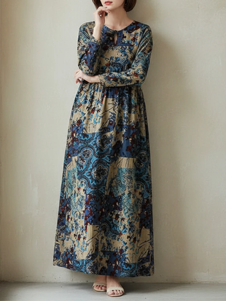 

ZANZEA Women Vintage Paisley Print Long Dresses Autumn 2025 Casual Long Sleeve Keyhole Neckline Loose Cotton A-Line Maxi Dress