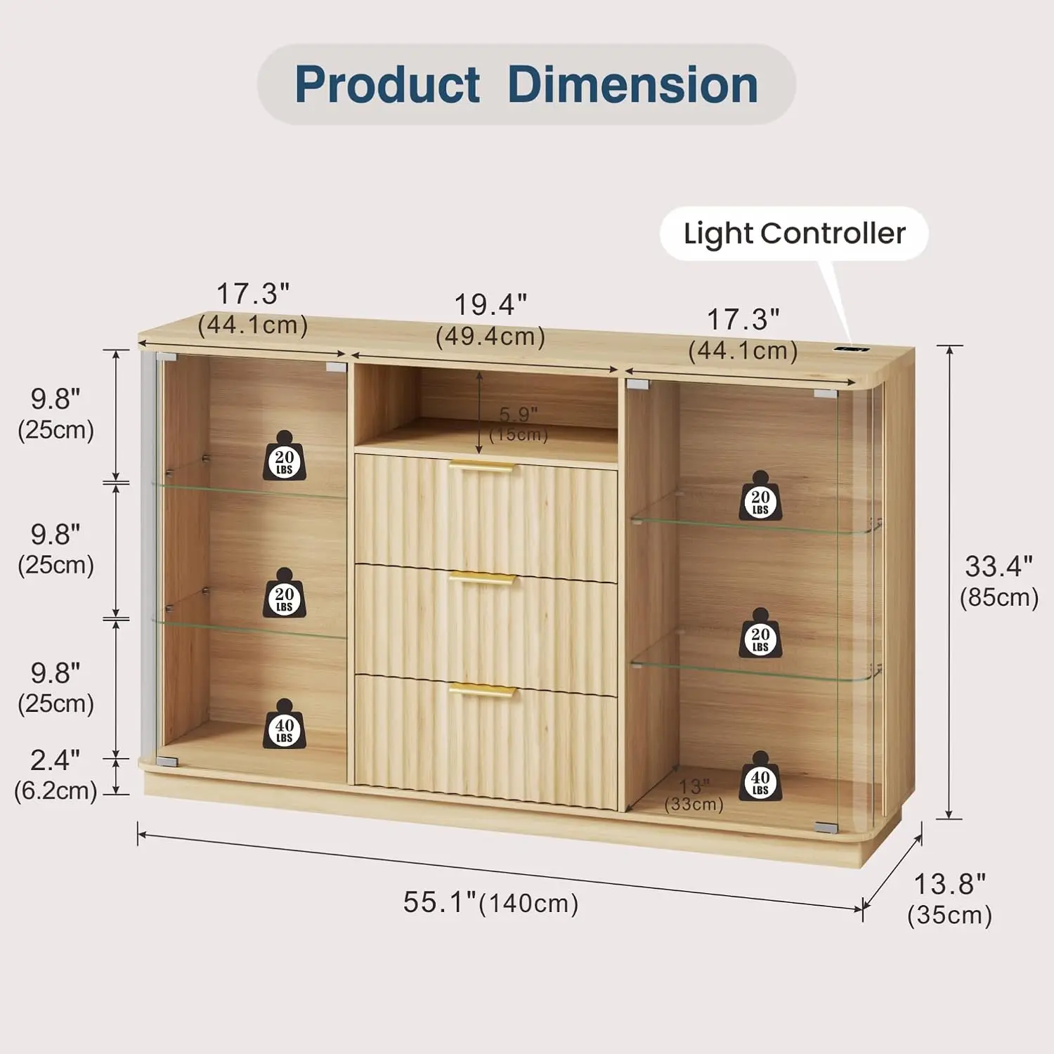 LED Glass Display Cabinet With 3 Drawer For Collectibles Natural, Customized