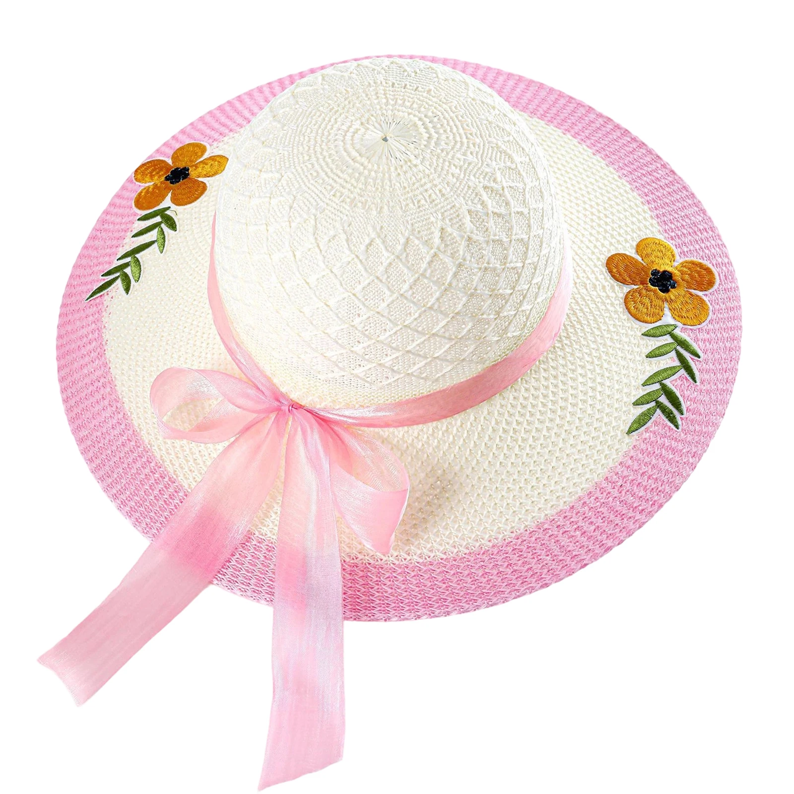 Ladies' Sun Hat With Ribbon Women Wide Brim Beach Hat With Flower Bow Decor UV Protection Cap For Summer Outdoor Travel