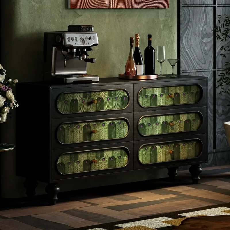 Solid Wood Six Drawer Chest with Peacock Plume Pattern Storage Cabinet for Living Room and Bedroom Decorative Furniture