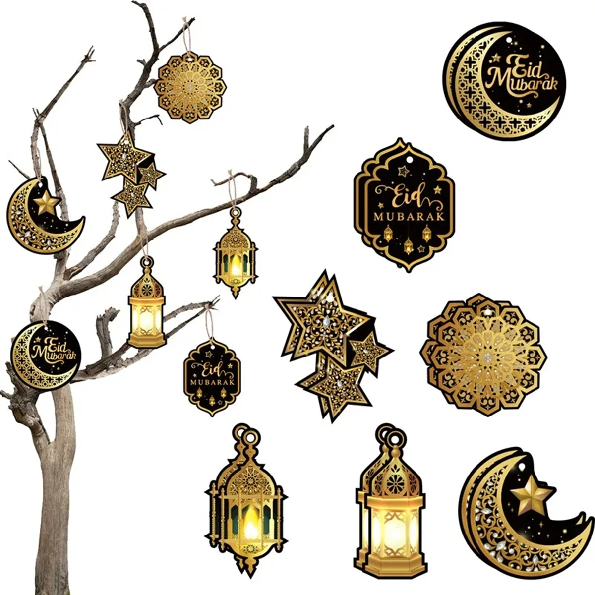 10/14pcs Eid Mubarak Hanging Paper Tag Decor Ramadan Kareem Hanging Pendent Ornament Ramadan Decoration 2024 Eid Party Supplies