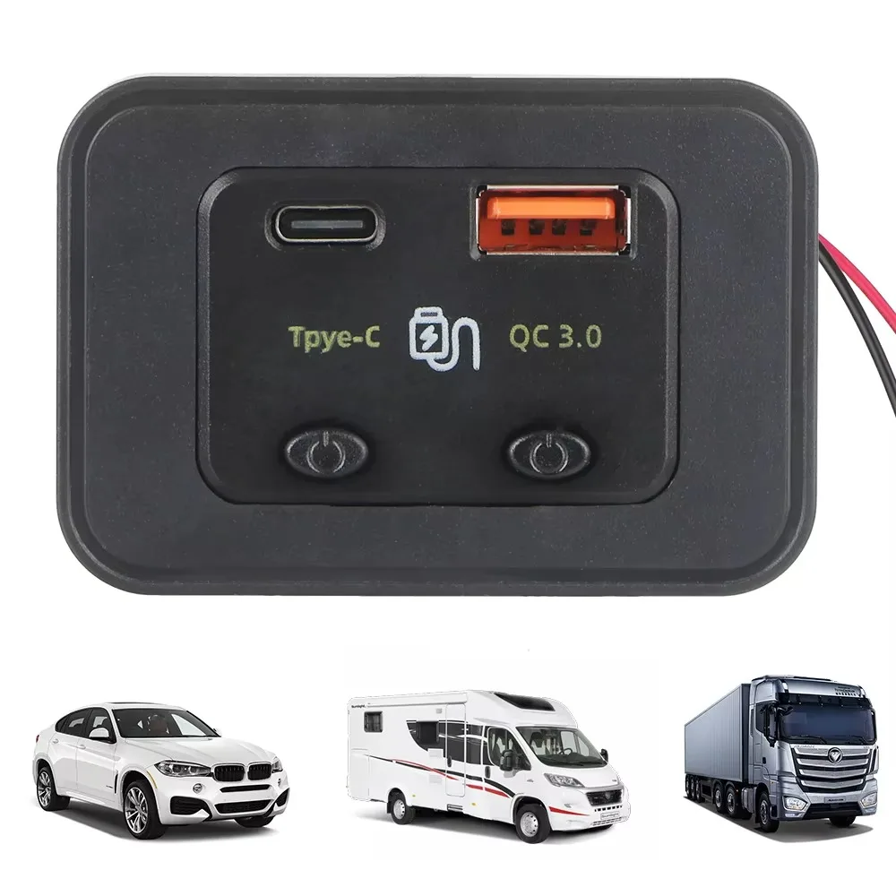 12V/24V Car Fast Charger Type C + QC3.0 USB A Port 48W PD Type-C Phone Charger QC3.0 USB Auto Adapter Bus Cruise Ship Universal