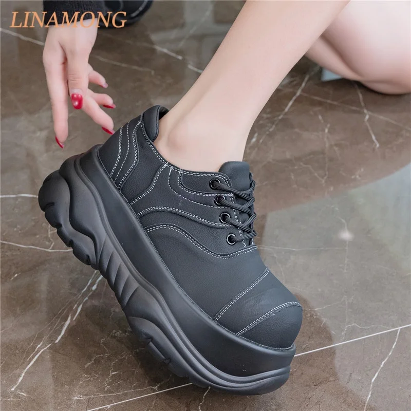 Women Round Toe Platform Sneakers Lace Up Stitched Upper Thick Sole Gothic Street Style Daily Wear Trendy Elevated Footwear