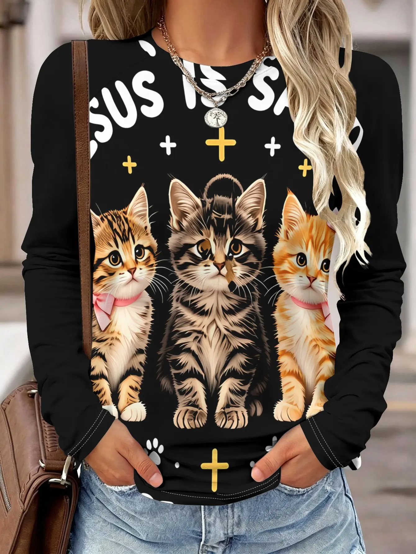 Women Long Sleeve Shirt Lazy Black Cat Stripe Splicing Print Round Neck Raglan Casual Fall Daily Tops Women's Clothes