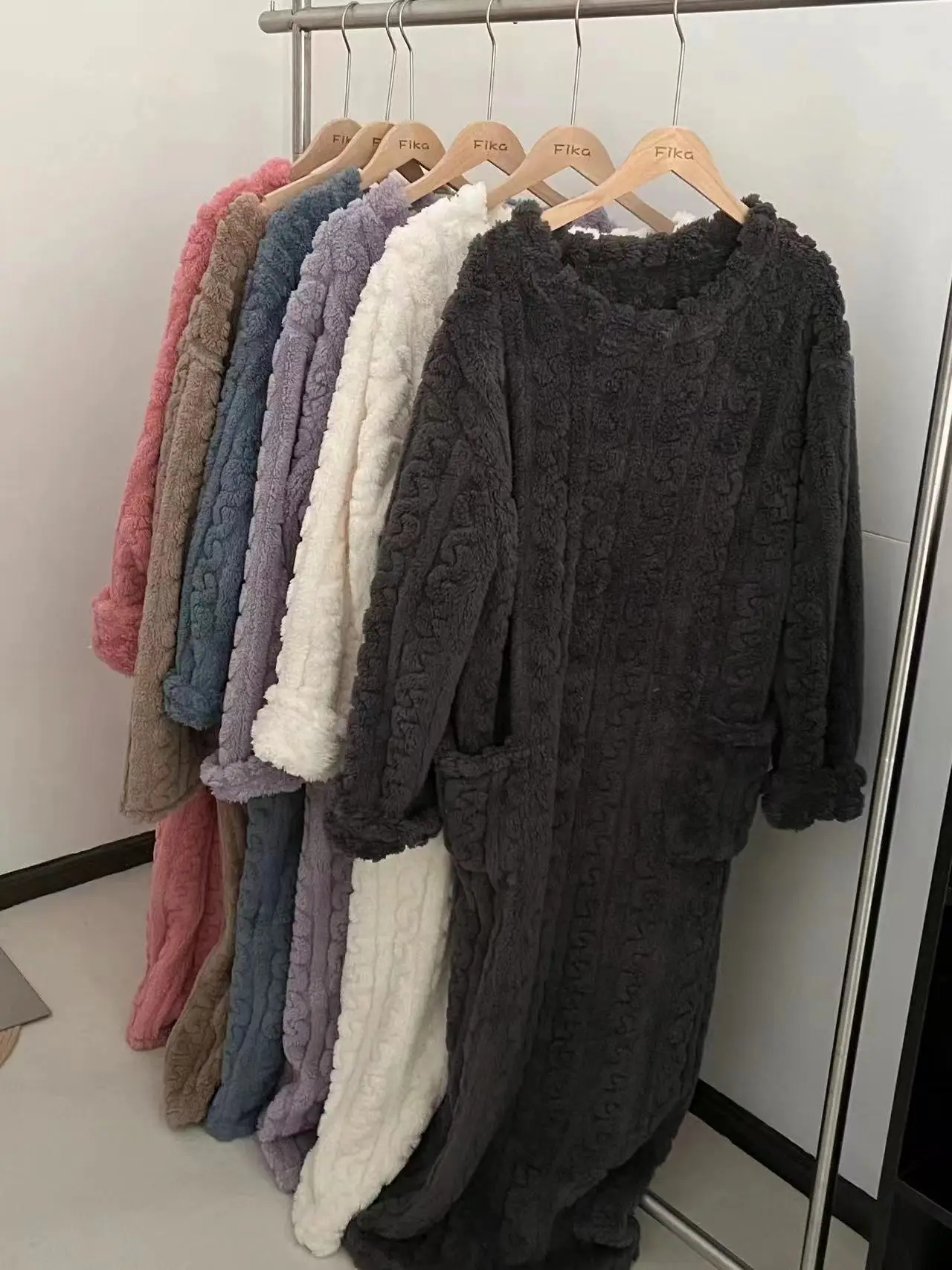 Winter Long Sleeve Double Pocket Flannel Nightgowns Women Loose Solid Sleepwear Jacquard Night Dress Thickened Warm Nightdress
