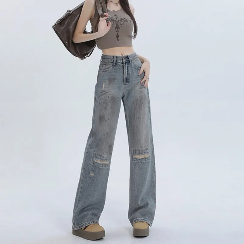 FINEWORDS Vintage High Waist Ripped Jeans Women Korean Casual Streetwear Harajuku Baggy Jeans Loose Washed Blue Denim Pants