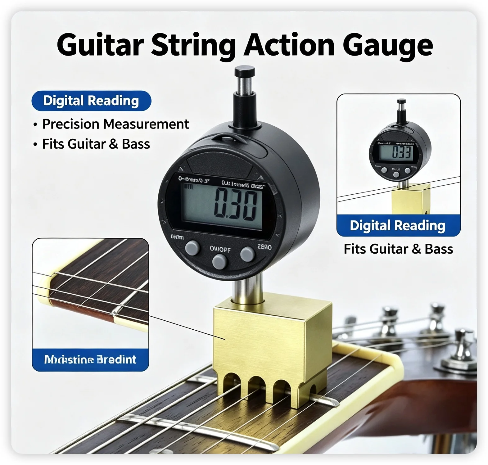 Guitar String Action Gauge Digital Dial Indicator, 0.01mm Precision for Acoustic Electric Bass Guitar Setup Repair Tool