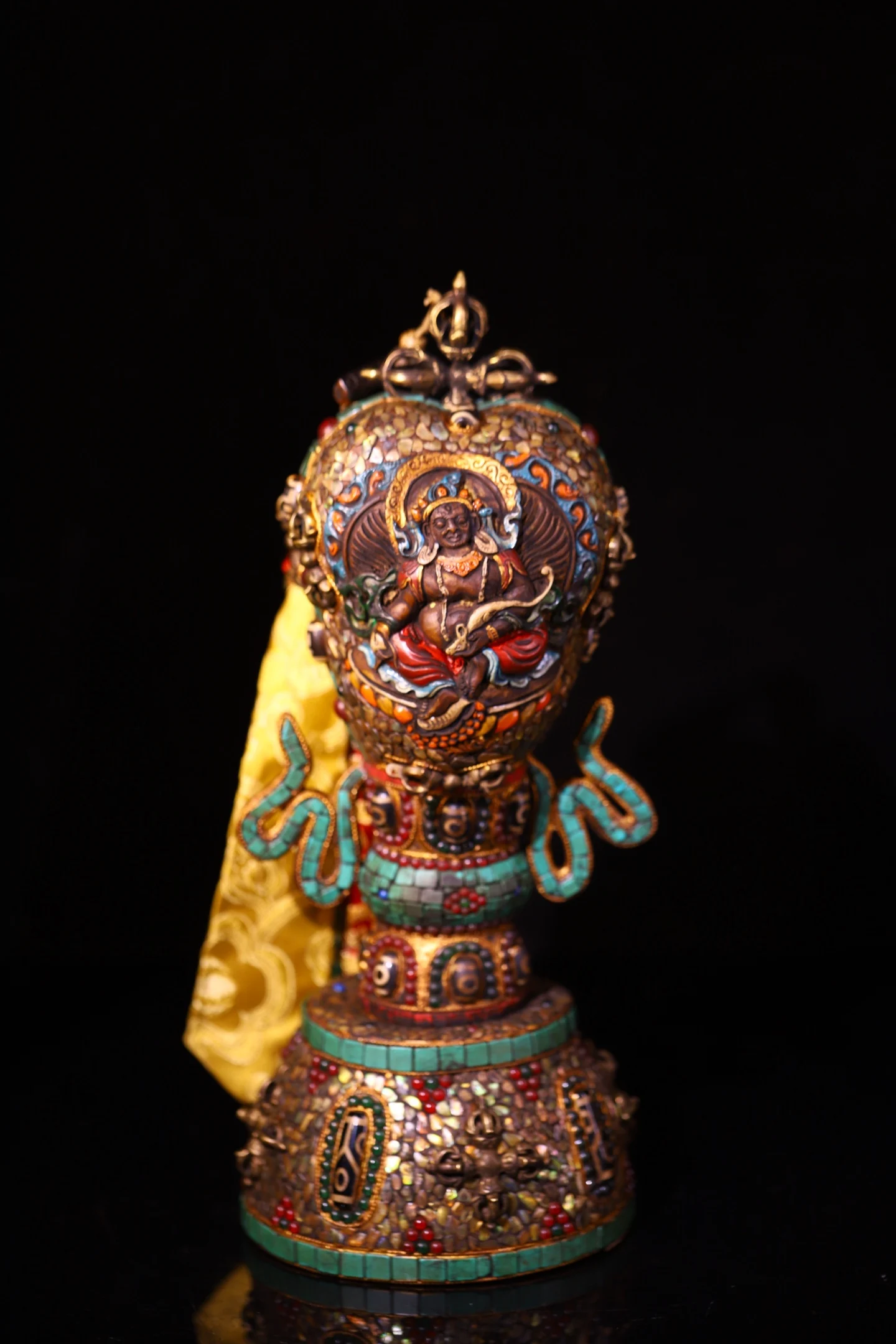 Old Kabala Painted Mosaic Gem gZi Beads Turquoise Gabala Bowl Yellow Jambhala Bodhi Root Base Worship Hall