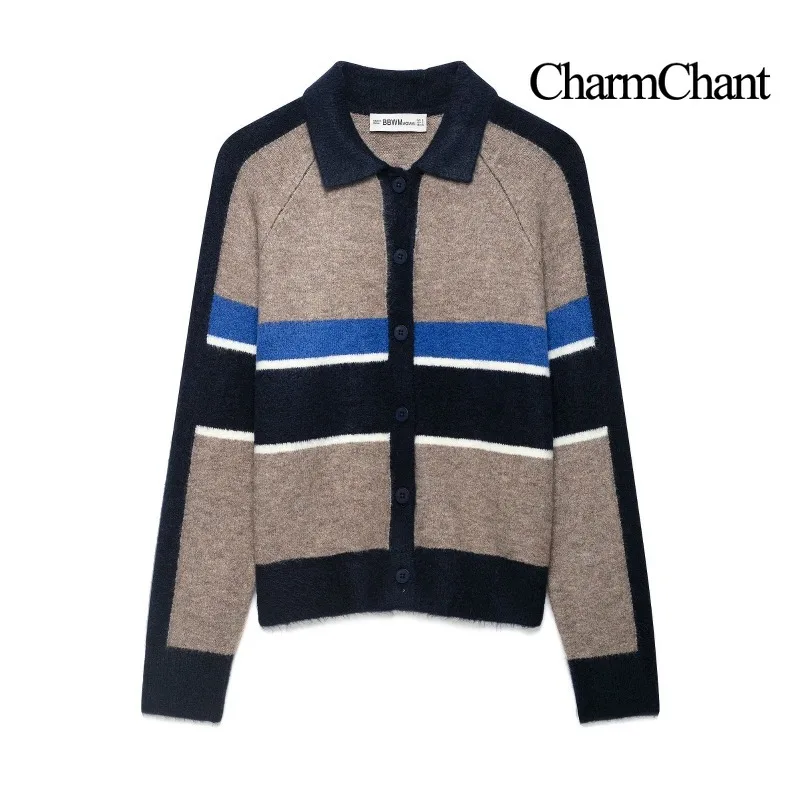 CHARMCHANT Women's Striped Knit Cardigan Polo Collar Button Front Color Block Long Sleeve Fuzzy Grey Navy Blue Fall Winter 2026