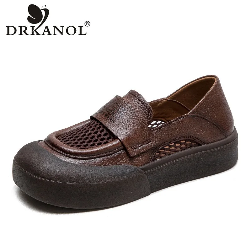 

DRKANOL Summer Shoes Women Slip On Loafers Literary Style Genuine Leather Mesh Breathable Flat Platform Shallow Casual Shoes