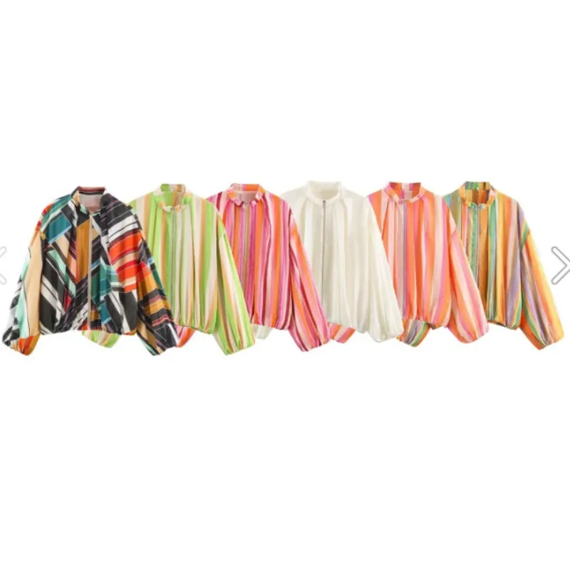 Foreign Trade Hot-selling 2026 European and American Fashion Loose Zipper Stand-up Collar Striped Bomber Jacket Women Commuting