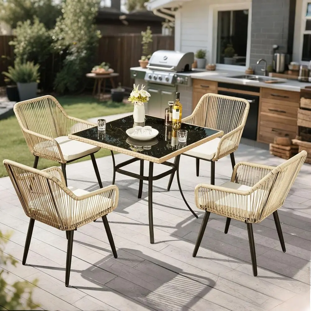 5-Piece Outdoor Wicker Dining Set with Glass Table and Waterproof Cushions (Beige/White, Square)