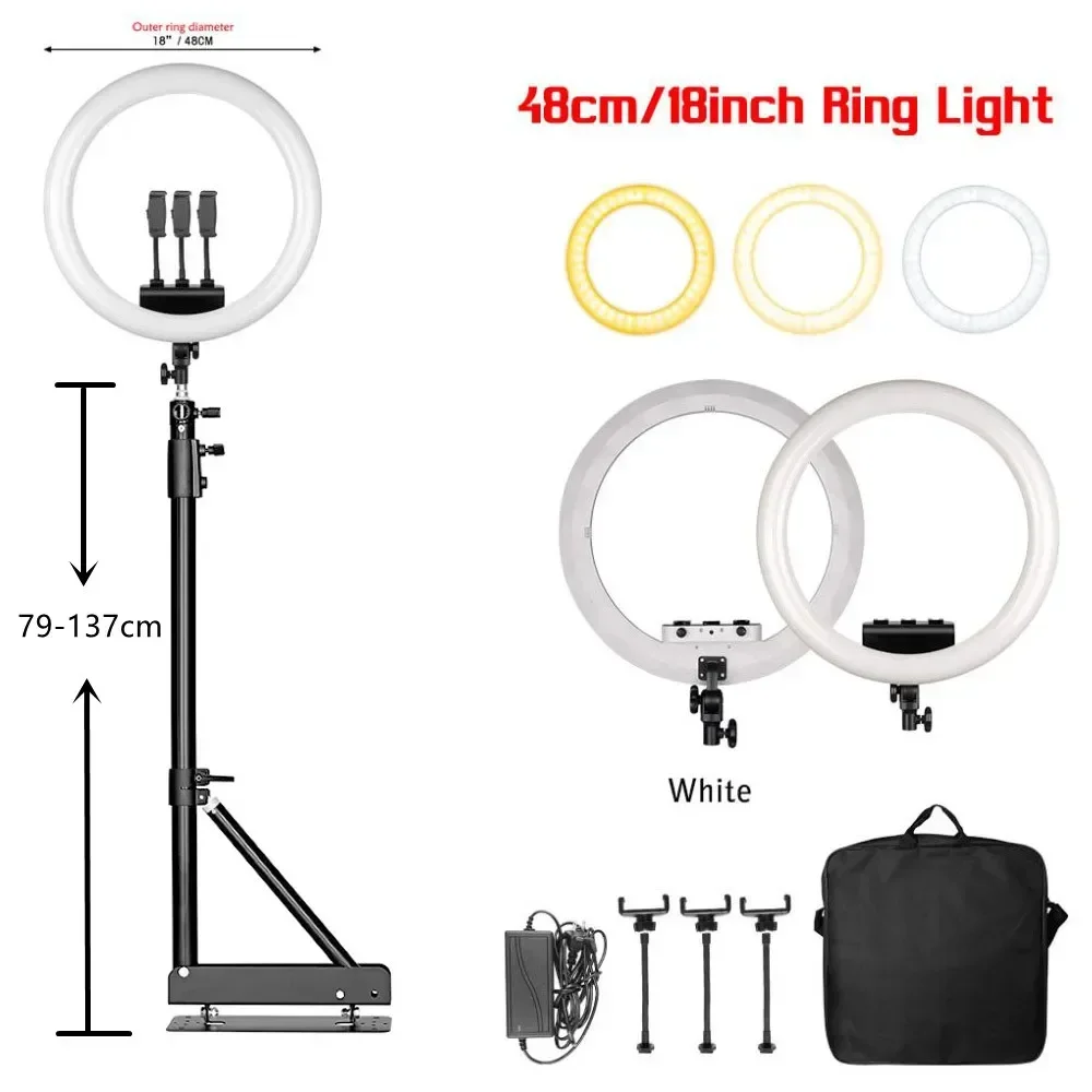 Anneau lumineux LED de 18 pouces pour photographie, grand éclairage pour selfie et vidéo, avec télécommande, trépied et pince pour téléphone, idéal pour YouTube, diffusion en direct et studio photo