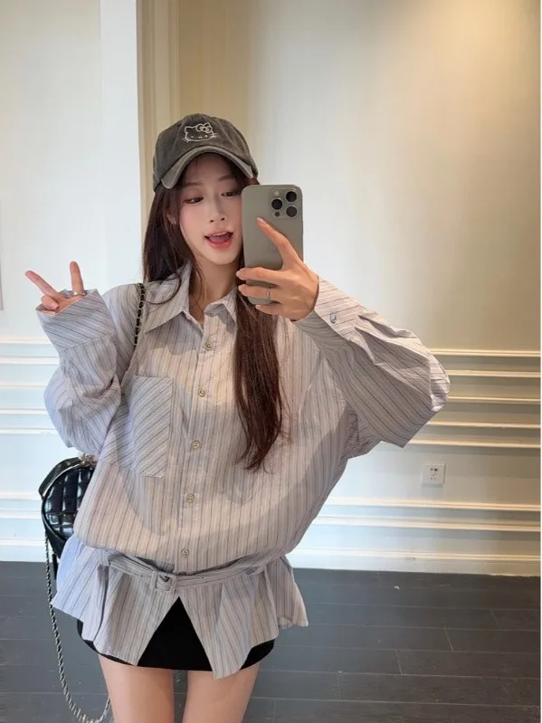 

Blue Striped Long Sleeve Shirt Women's Spring 2026 New Lazy Belted Mid-Length Loose Casual Top Korean Style Commute Wind